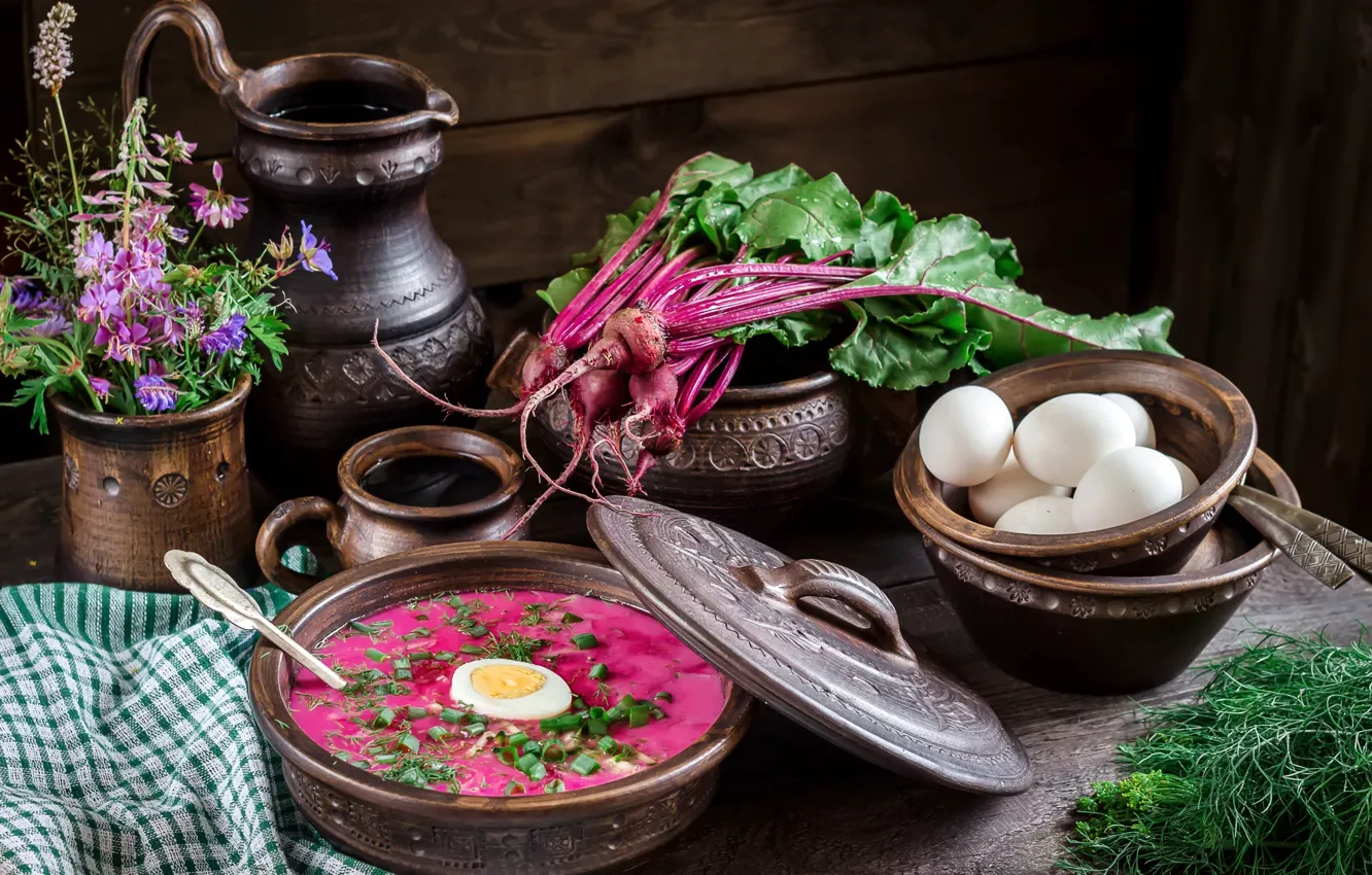 Photo wallpaper flowers, eggs, tops, dill, soup, pitcher, beets, still life of bowls