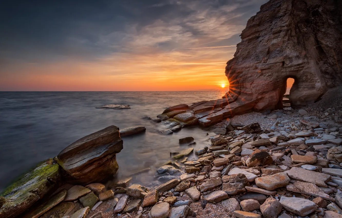 Photo wallpaper sea, beach, landscape, sunset, nature, sunrise, stones, rocks