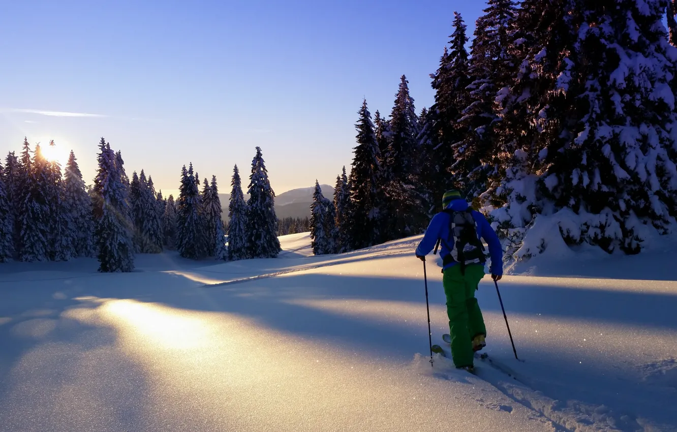 Photo wallpaper winter, morning, skier