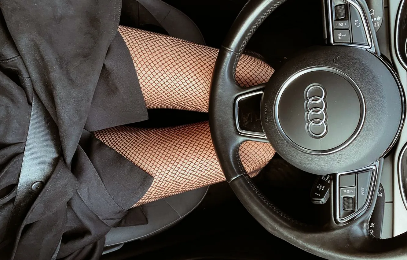 Photo wallpaper auto, girl, Audi, feet, the wheel, slender legs