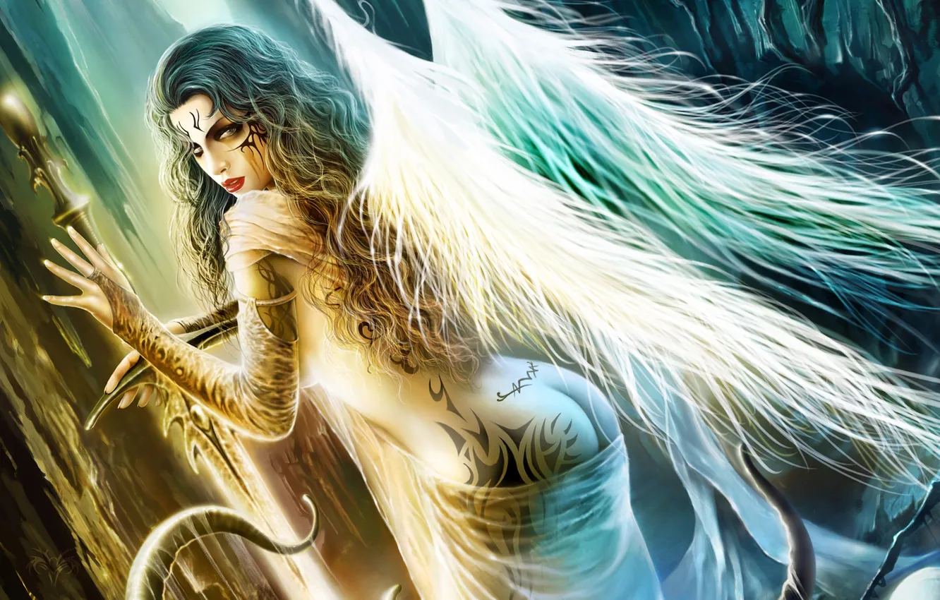 Photo wallpaper girl, wings, angel, sword, tentacles, tattoo, mucus