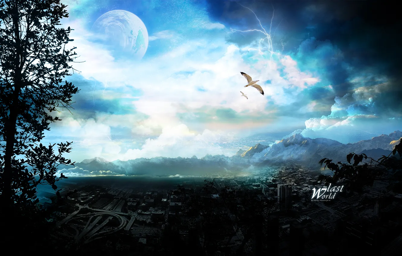 Photo wallpaper the sky, trees, mountains, the city, bird, lightning, planet, seagulls
