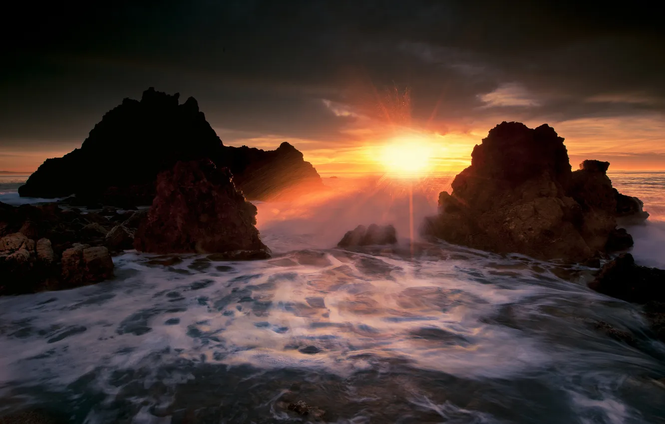 Photo wallpaper landscape, the ocean, rocks, dawn