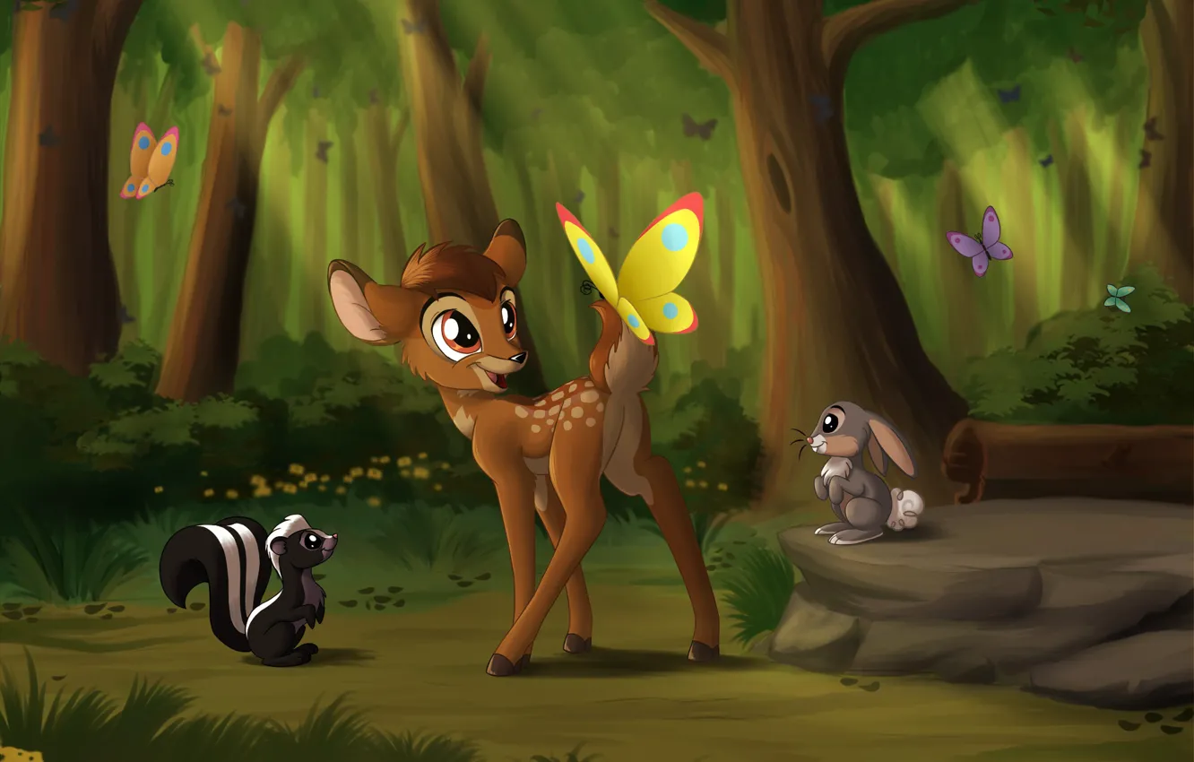 Photo wallpaper nature, butterfly, Bunny, Bambi, skunk, fawn, by Sirzi