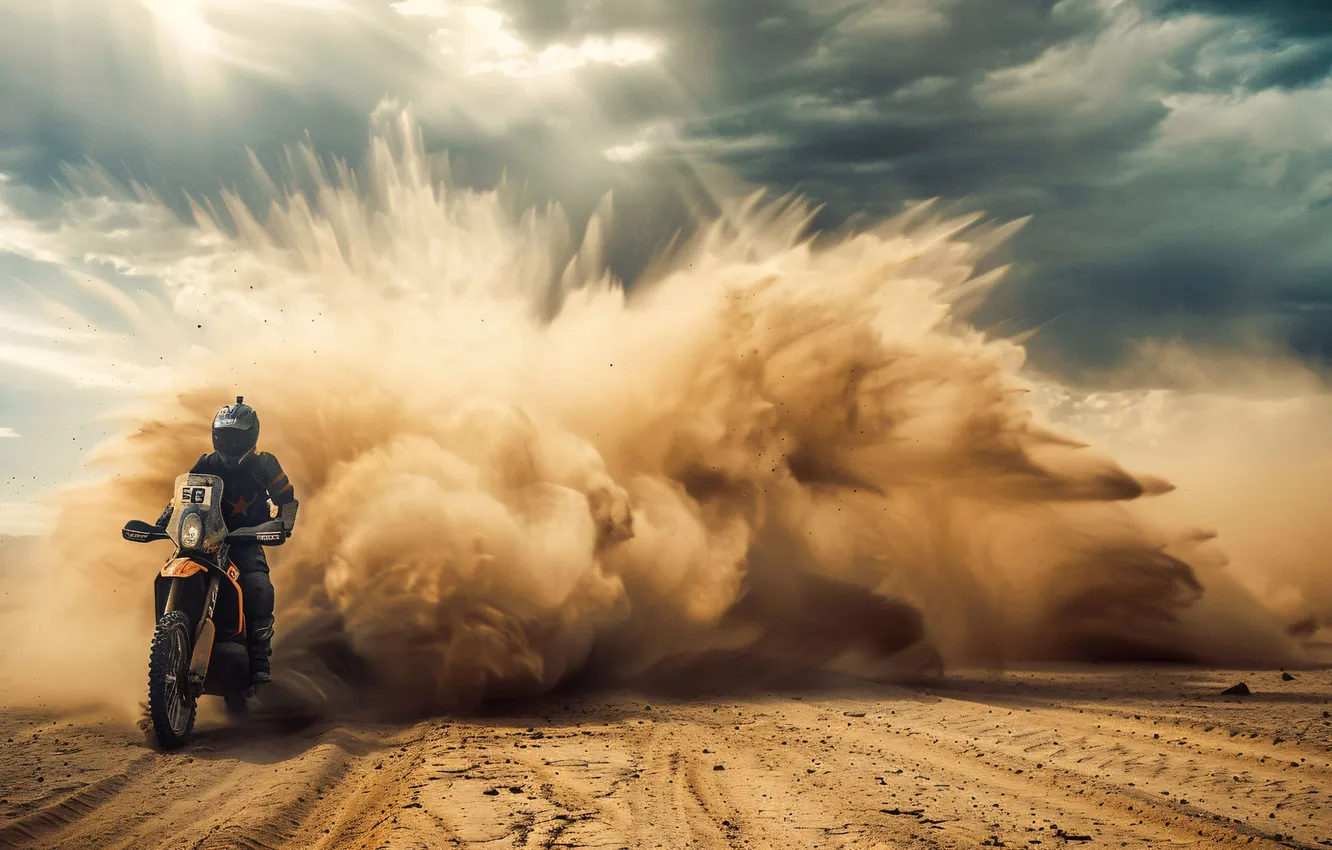 Photo wallpaper sand, clouds, desert, dust, motorcycle, athlete, male, Motorsport