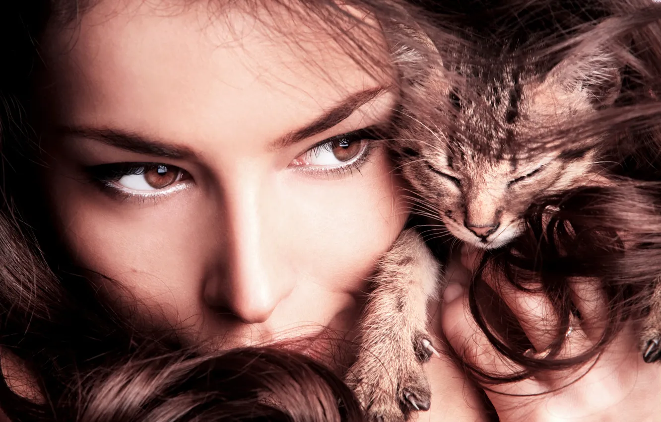 Photo wallpaper girl, hair, claws, kitty