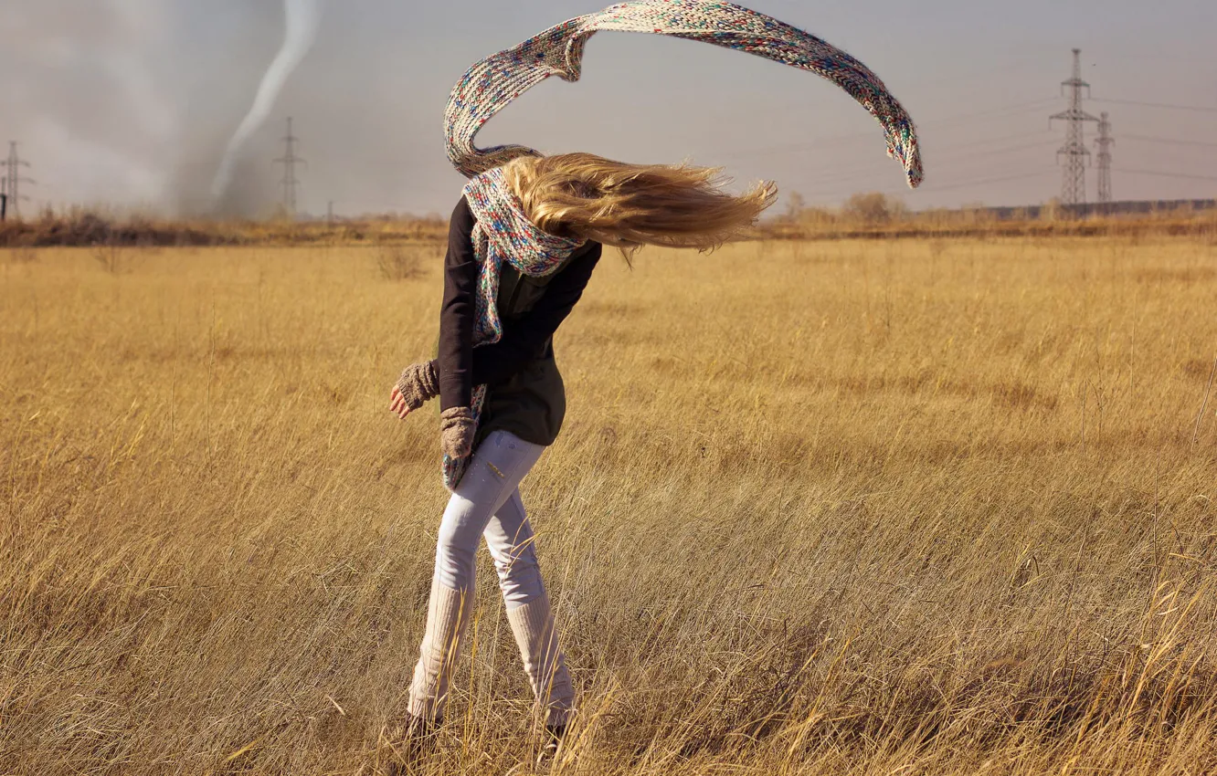 Photo wallpaper field, girl, scarf, tornado