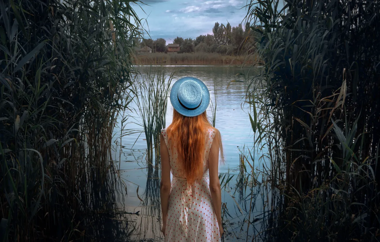 Photo wallpaper girl, river, dress, hat, Mikhail Potapov