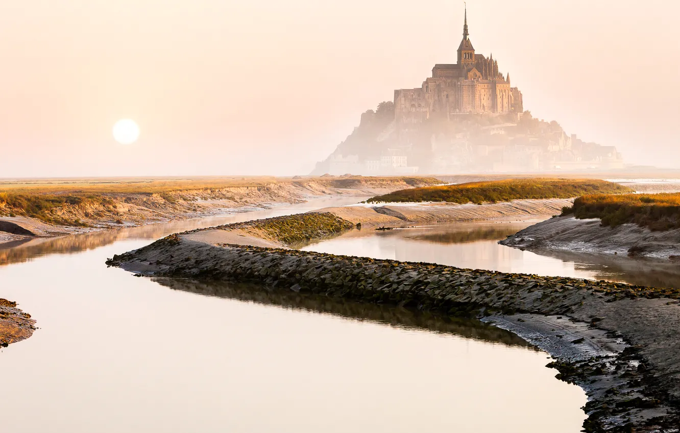 Photo wallpaper the sun, the city, France, morning, Mont-Saint-Michel, the island fortress of