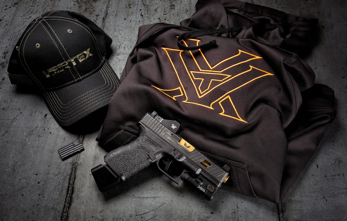 Photo wallpaper gun, clothing, cap, Glock, Austrian, self-loading
