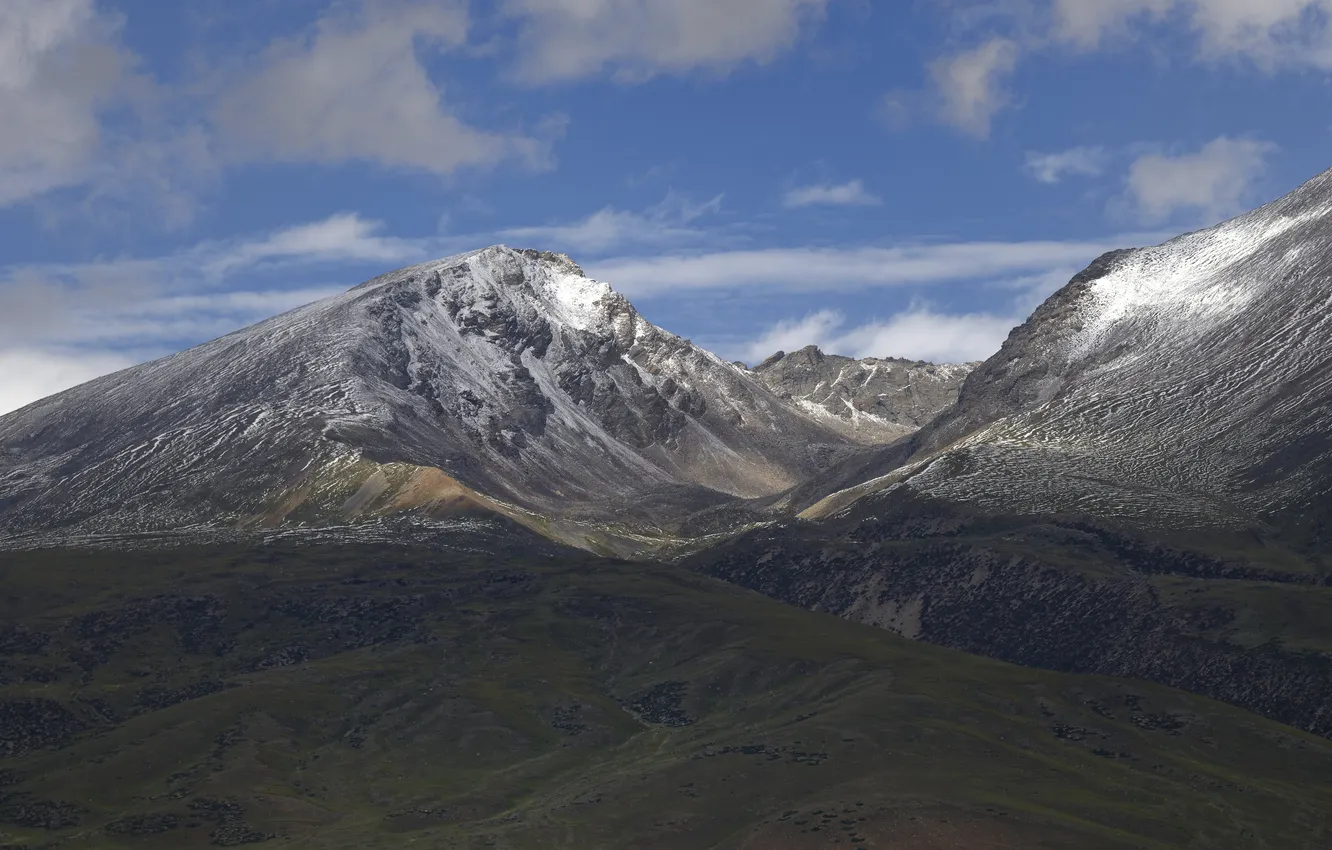 Photo wallpaper the sky, clouds, snow, mountains, blue, hills, tops, height