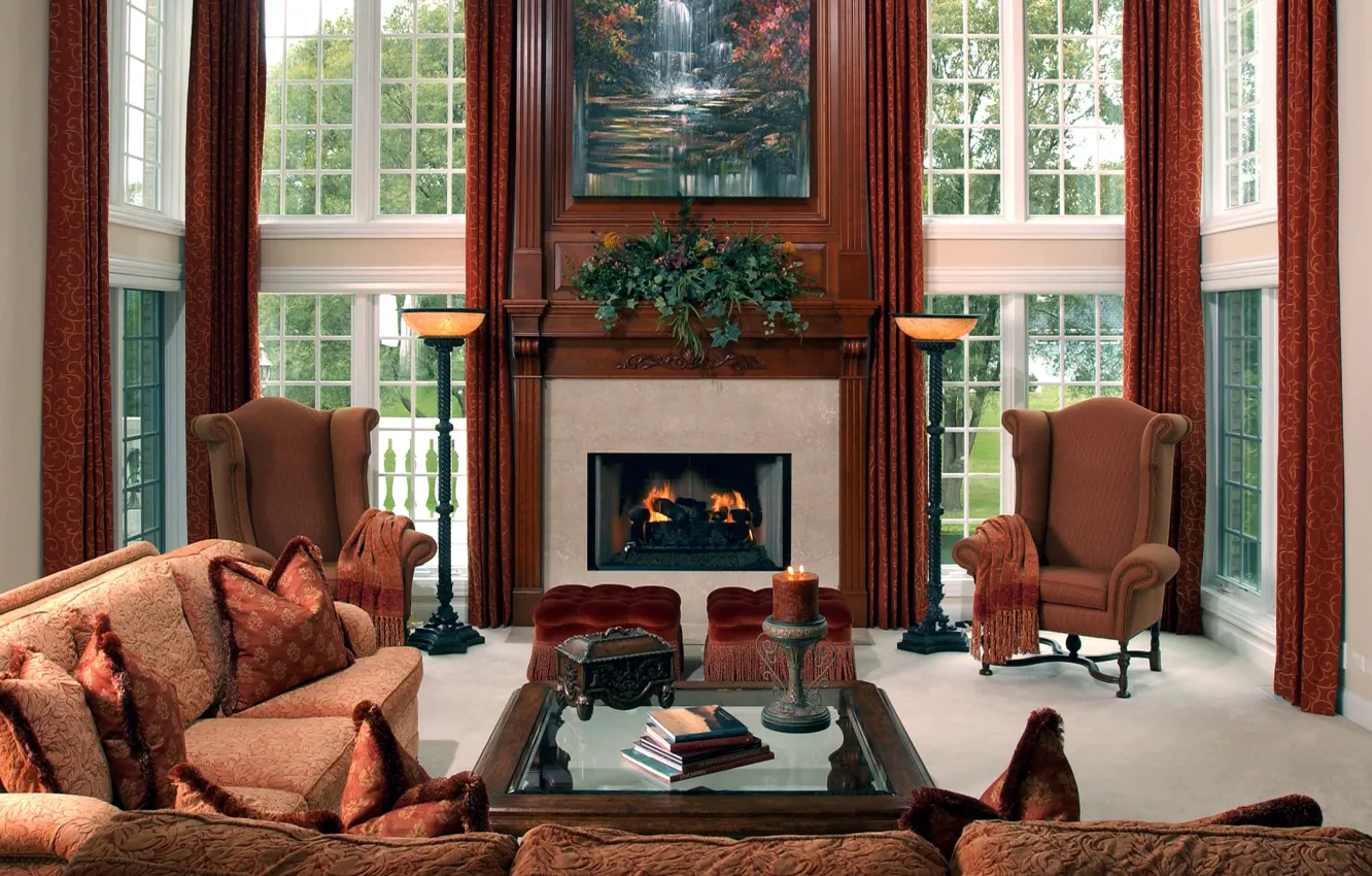 Photo wallpaper design, living room, interior, villa, fireplace