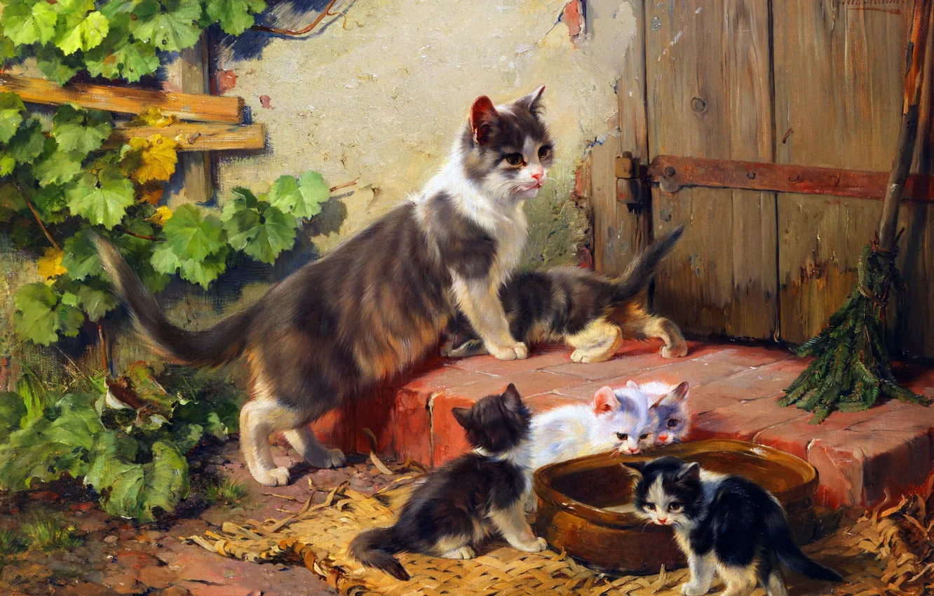 Photo wallpaper Cat, Kittens, Picture, Julius Adam the Younger, A cat with cubs on the step of …