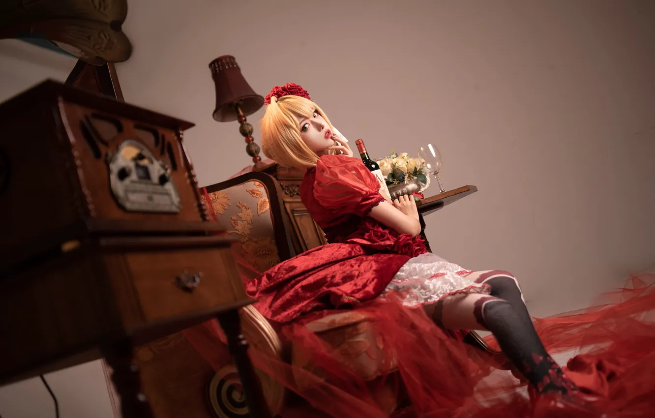 Photo wallpaper girl, wine, glass, red dress, vintage