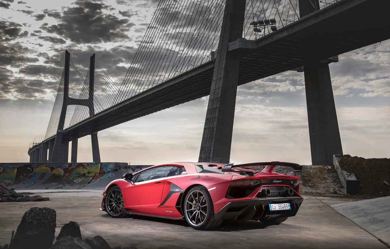 Photo wallpaper bridge, Lamborghini, supercar, 2018, Aventador, SVJ, Aventador SVJ