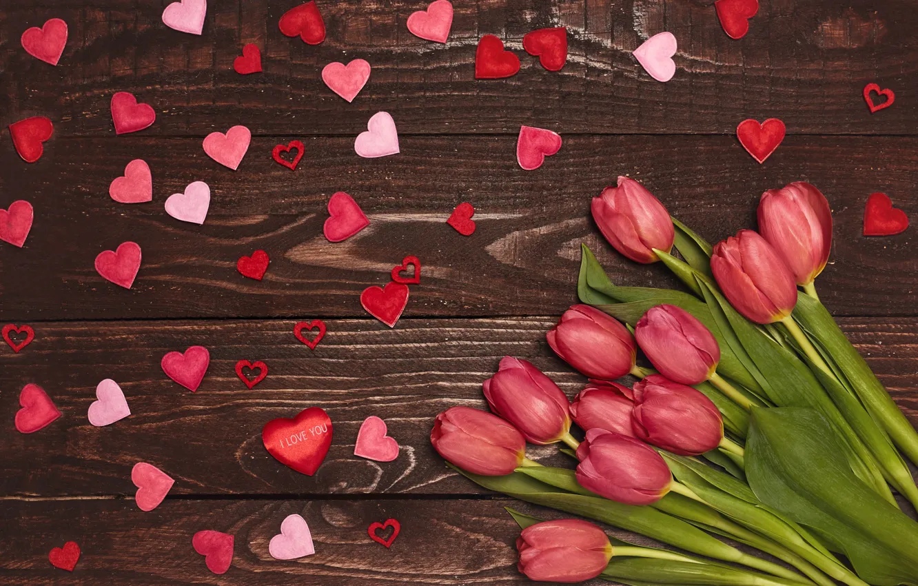 Photo wallpaper love, red, bouquet, hearts, tulips, red, love, wood