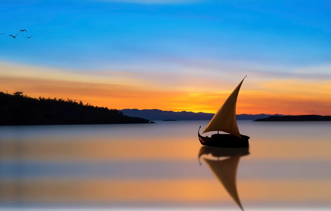 Photo wallpaper reflection, boat, sail