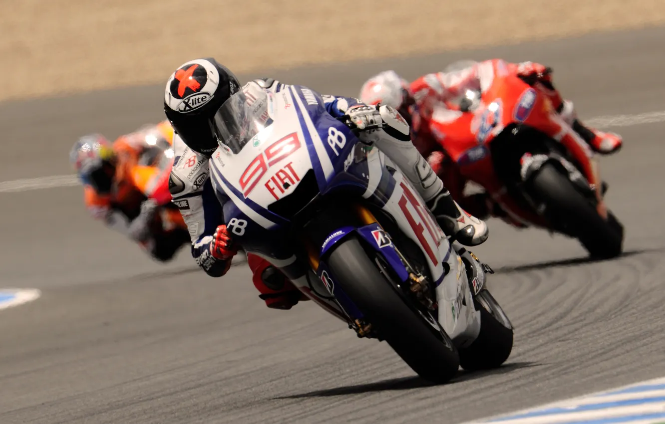 Photo wallpaper road, sport, speed, Moto, turn, motorcycle, three, Yamaha