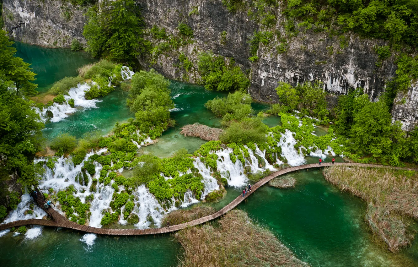 Photo wallpaper greens, rock, lake, tropics, vegetation, waterfall, the bridge, Croatia