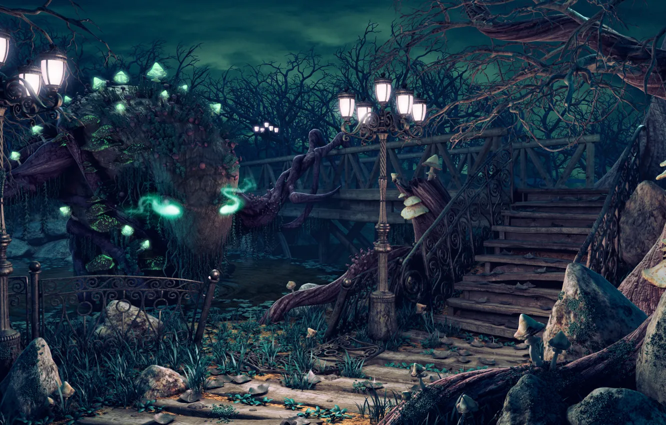 Photo wallpaper clouds, light, Park, fiction, Wallpaper, mushrooms, dark, lights