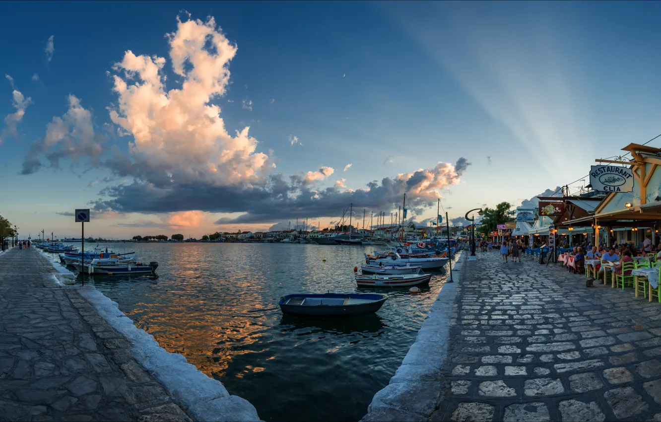 Photo wallpaper sea, clouds, boat, Greece, promenade, harbour, Pythagorio