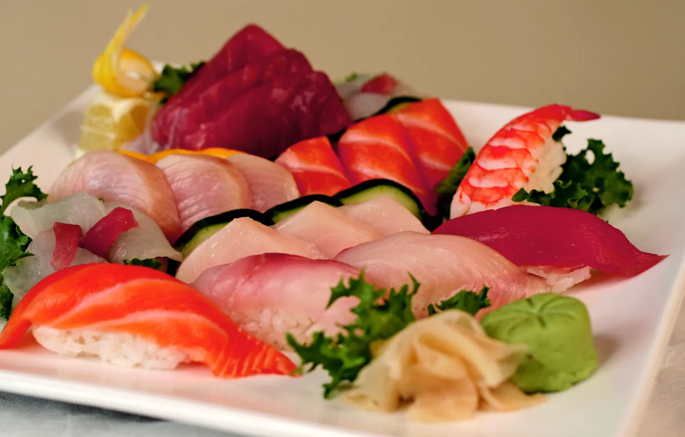 Photo wallpaper sushi, cutting, wasabi, red fish