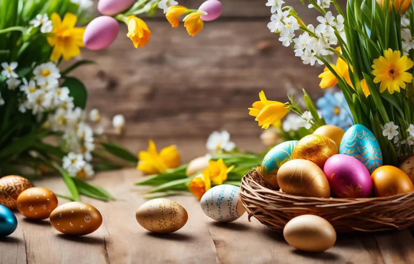 Photo wallpaper flowers, eggs, spring, colorful, Easter, flowers, spring, Easter