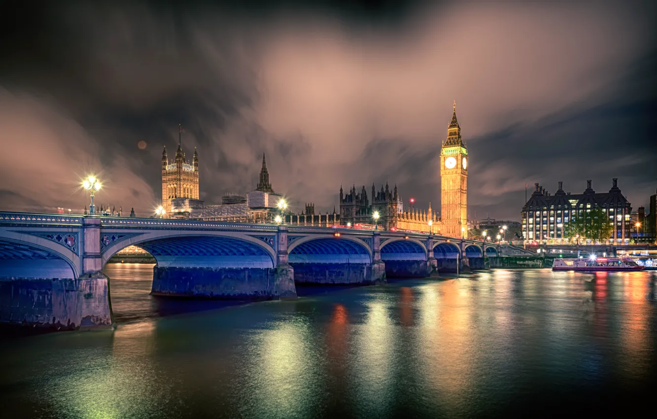 Photo wallpaper night, bridge, lights, river, watch, London, tower, lights