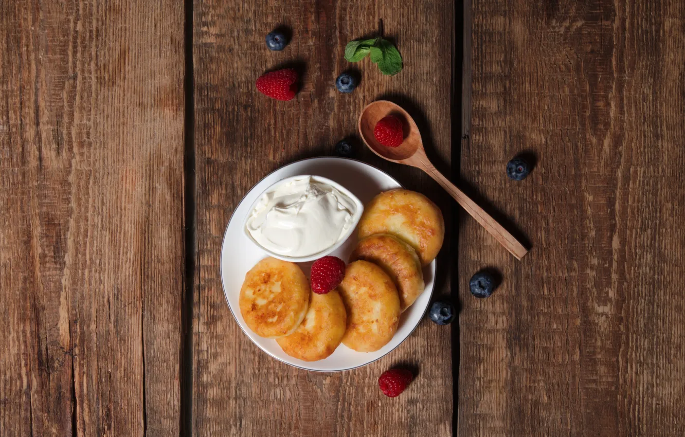 Photo wallpaper berries, Breakfast, wood, sour cream, cheesecakes