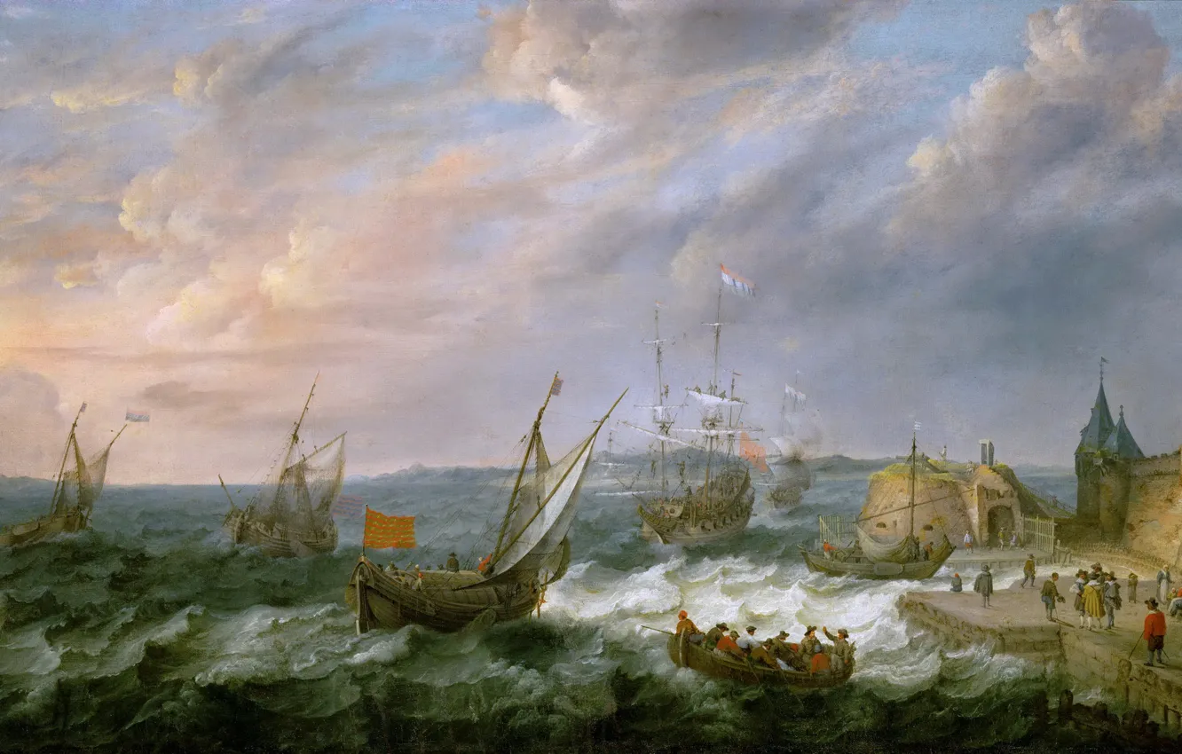 Photo wallpaper sea, landscape, storm, people, picture, Adam Willaerts, SEAPORT