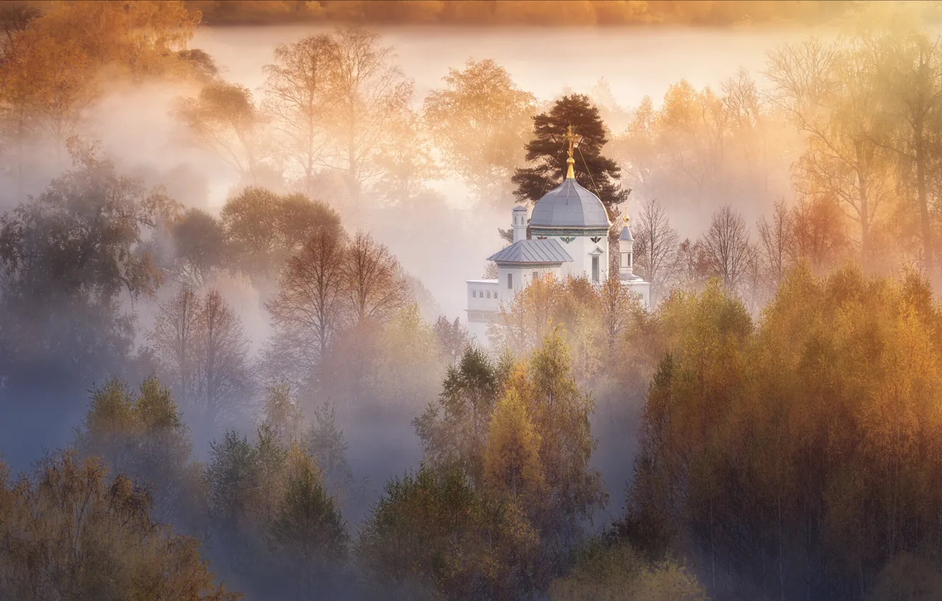 Photo wallpaper autumn, trees, landscape, nature, fog, Church, the dome, Istra