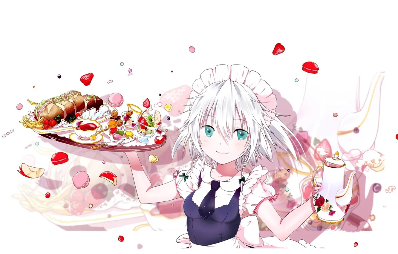 Photo wallpaper kettle, strawberry, sweets, white background, blue eyes, uniform, dessert, hamburger