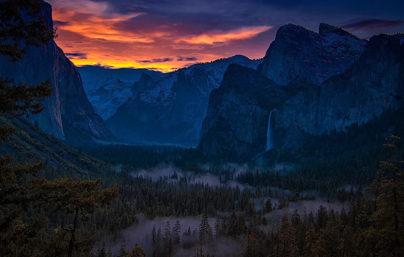 Photo wallpaper forest, the sky, mountains, night, clouds, waterfall, USA, Yosemite National Park