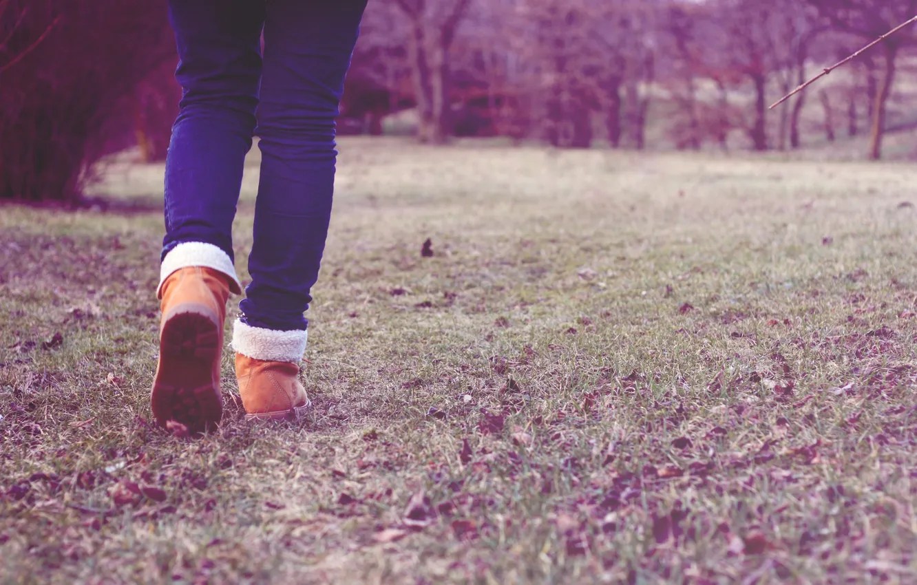 Photo wallpaper grass, feet, jeans, shoes, step, care