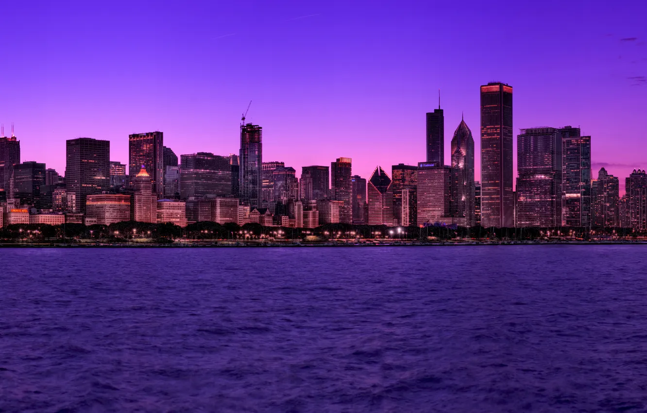 Photo wallpaper city, the city, lights, the evening, USA, Chicago, Illinois, promenade