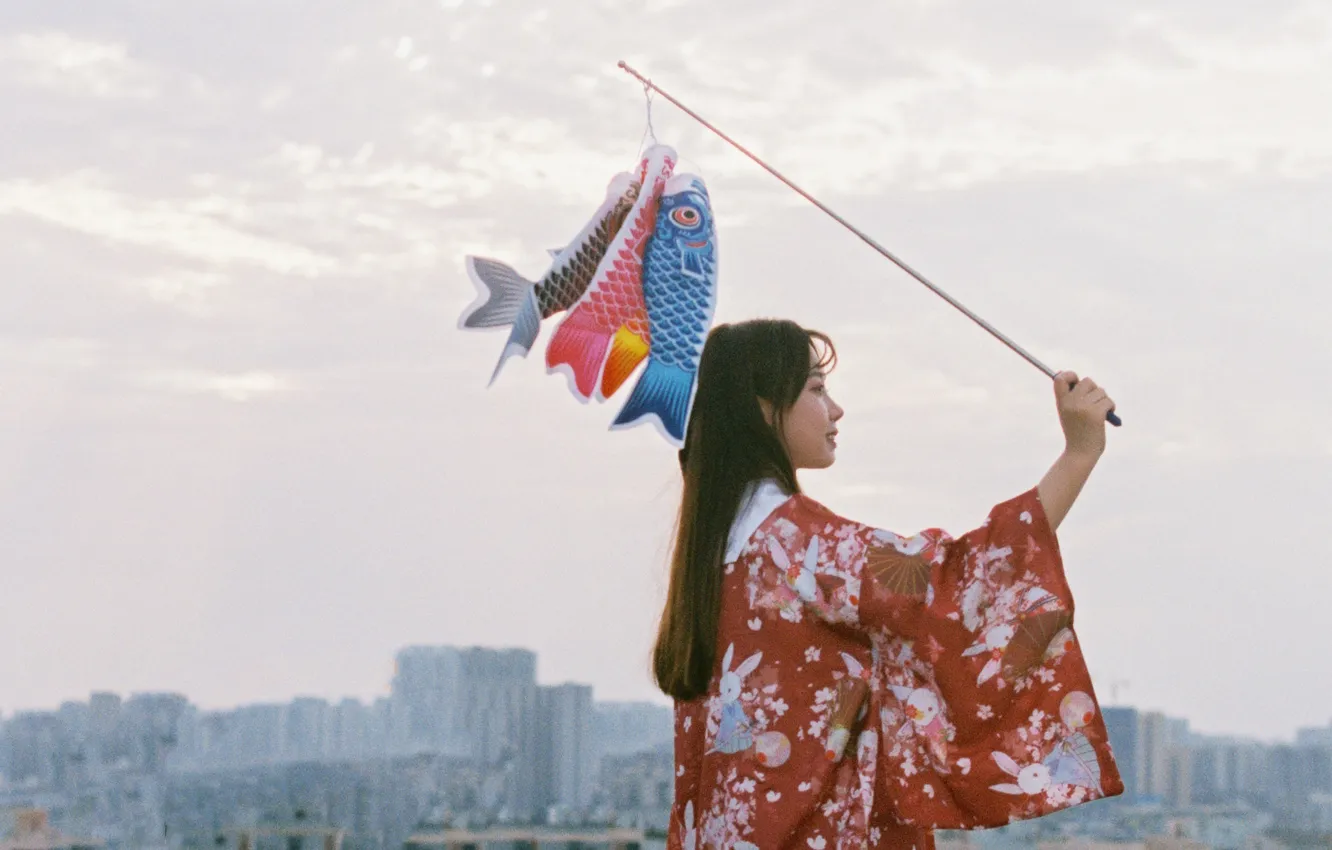 Photo wallpaper city, sky, woman, smile, beautiful, model, pretty, asian