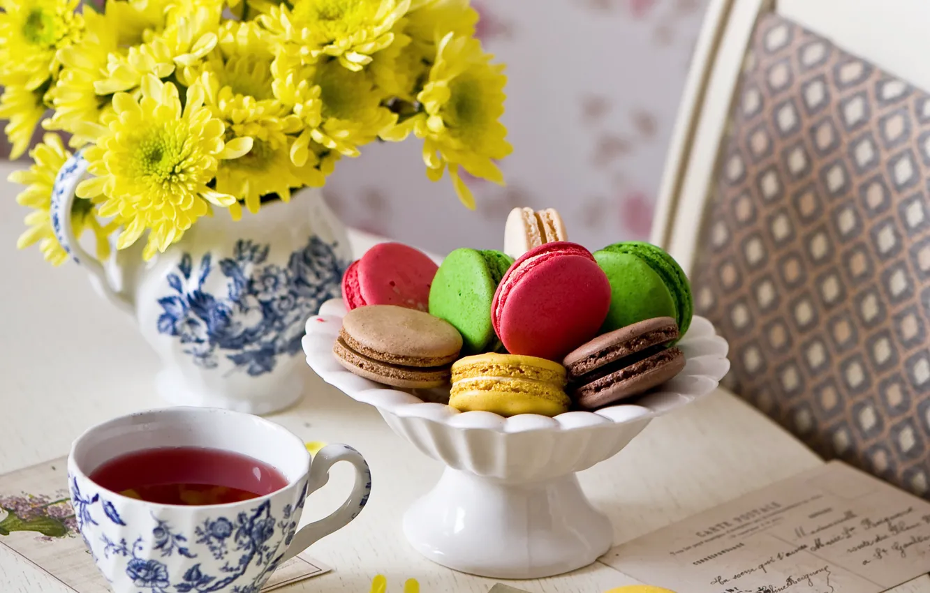 Photo wallpaper letter, flowers, tea, colorful, cookies, chrysanthemum, dessert, flowers