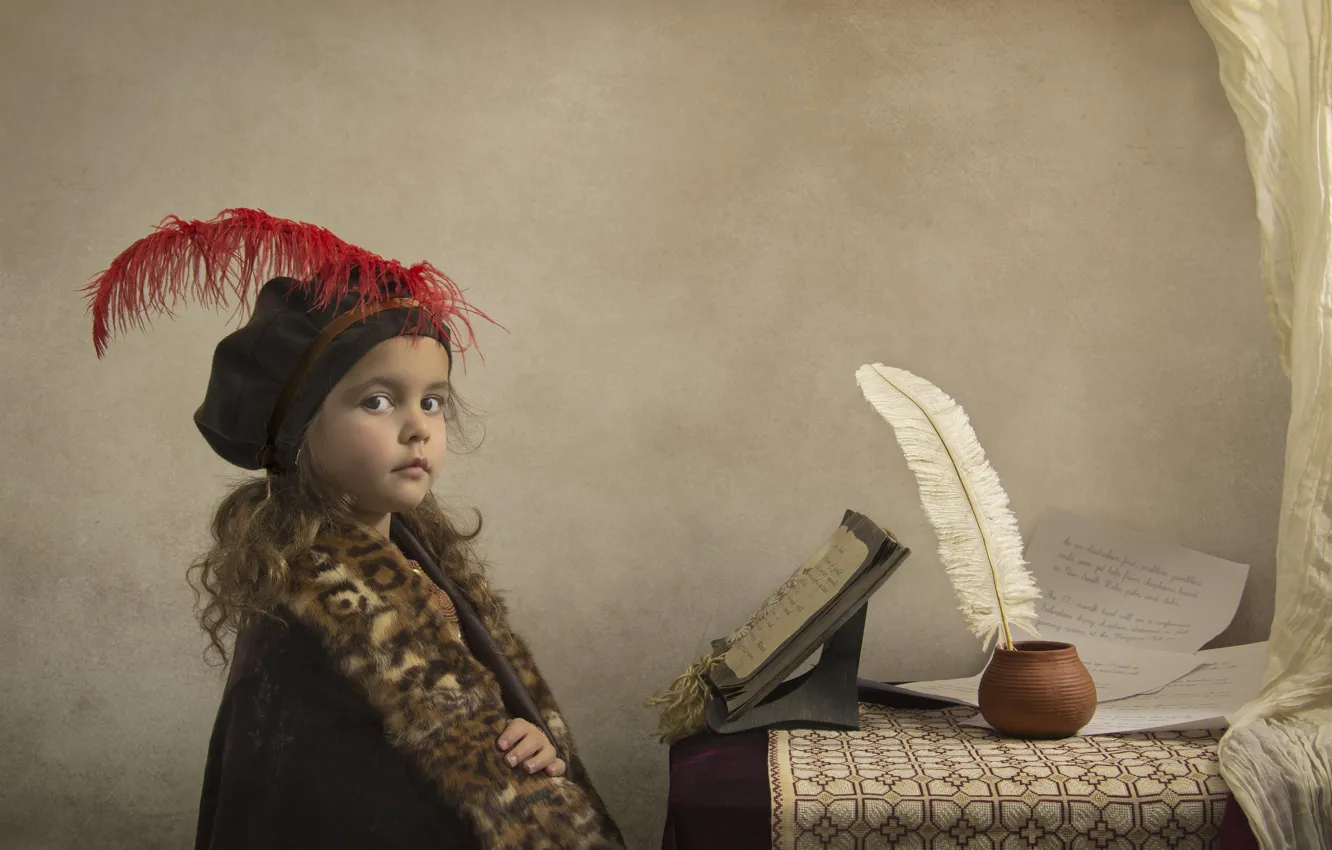 Photo wallpaper feathers, girl, notebook, the manuscript