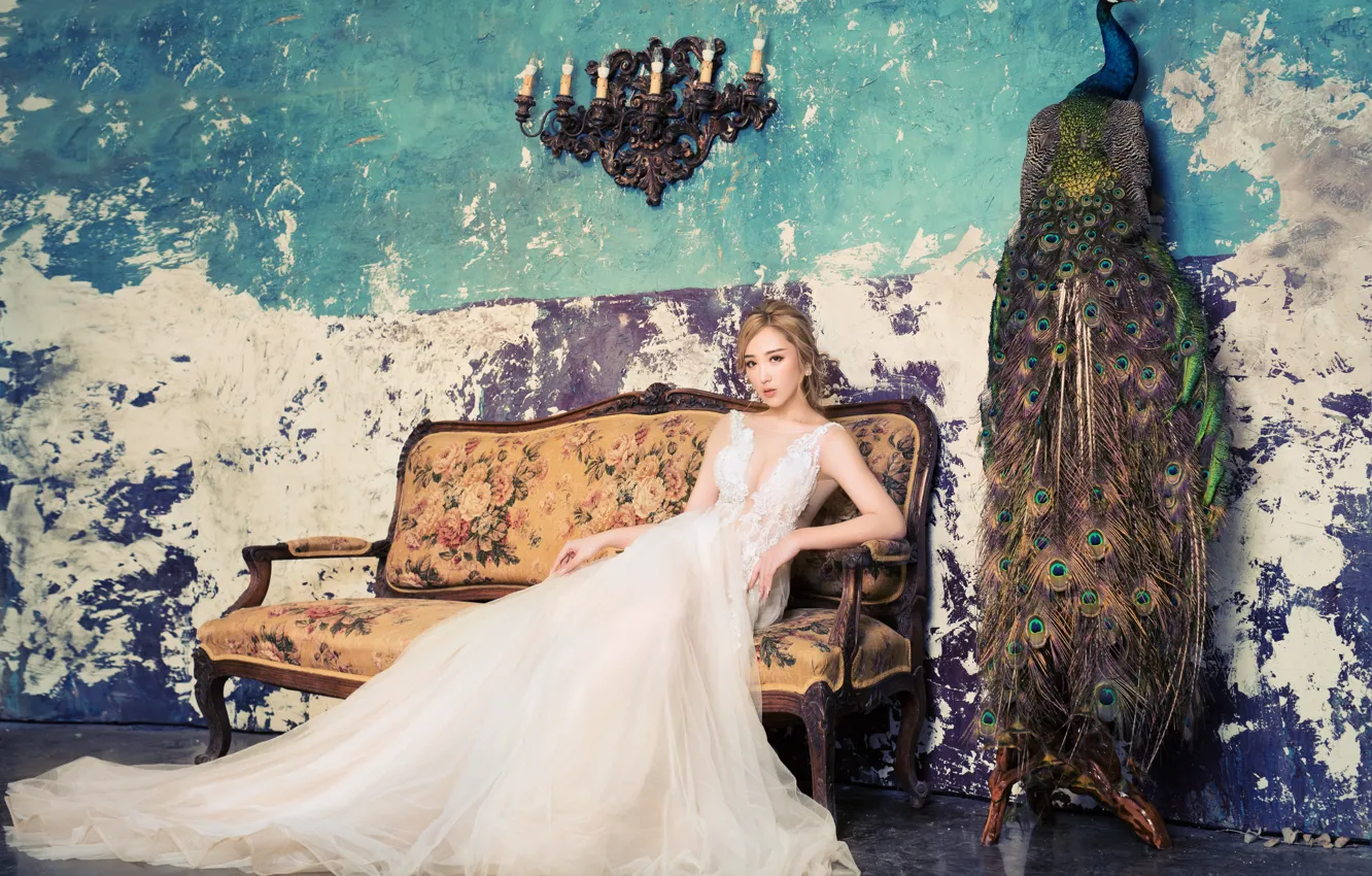 Photo wallpaper long, paint, white, the bride, look, room, pose, candles