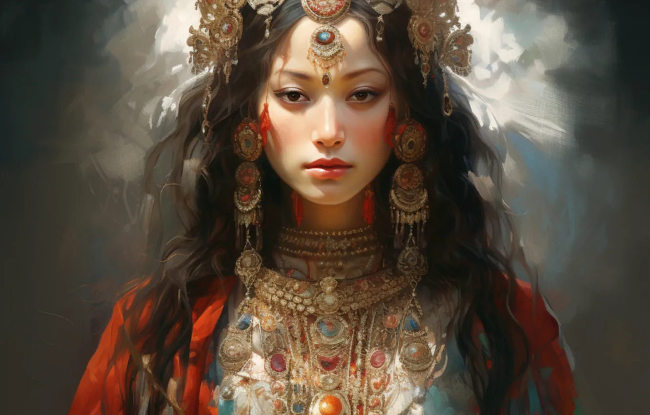 Photo wallpaper look, girl, decoration, face, portrait, earrings, brunette, Asian