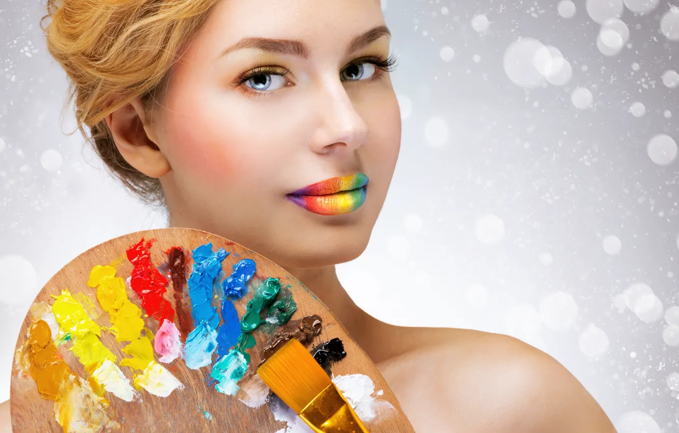 Photo wallpaper look, girl, mood, paint, color, rainbow, lips, brush