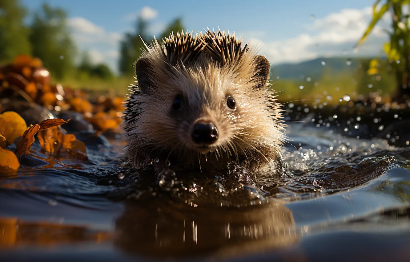 Photo wallpaper water, face, hedgehog, digital art, AI art, The Art of Artificial Intelligence, neural network