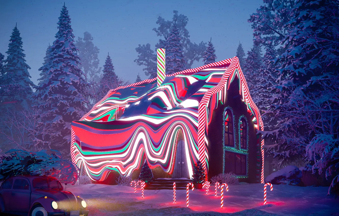 Photo wallpaper forest, snow, house, car, GINGERBREAD HOUSE