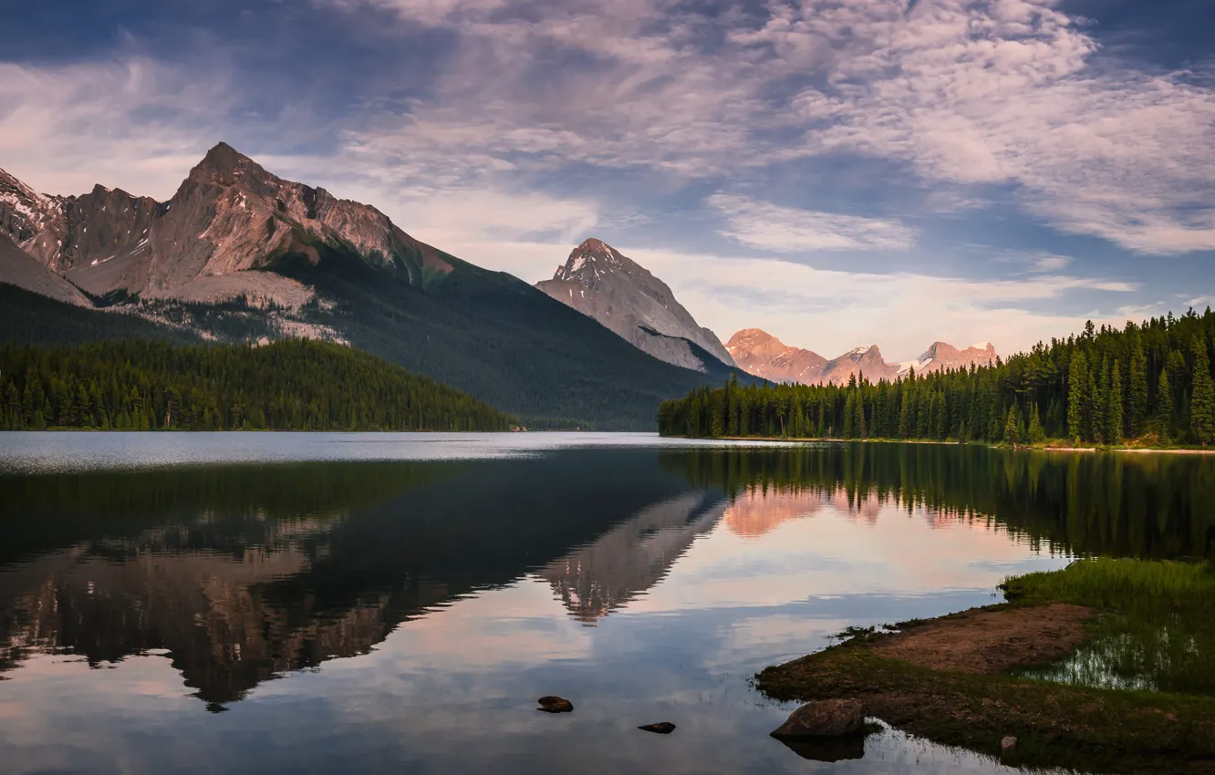 Photo wallpaper forest, the sky, clouds, mountains, lake, reflection, rocks, shore