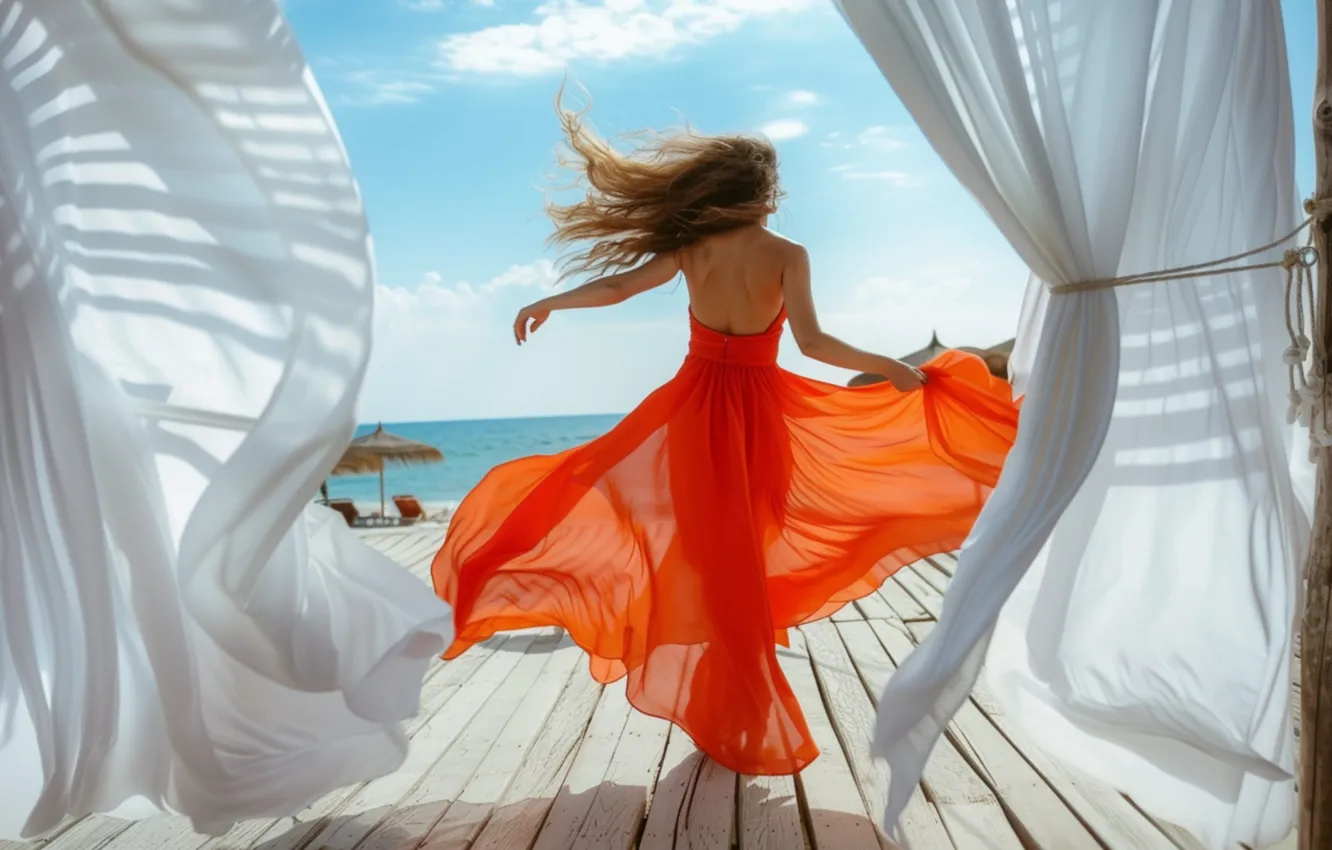 Photo wallpaper sea, beach, summer, girl, nature, pose, the wind, shore