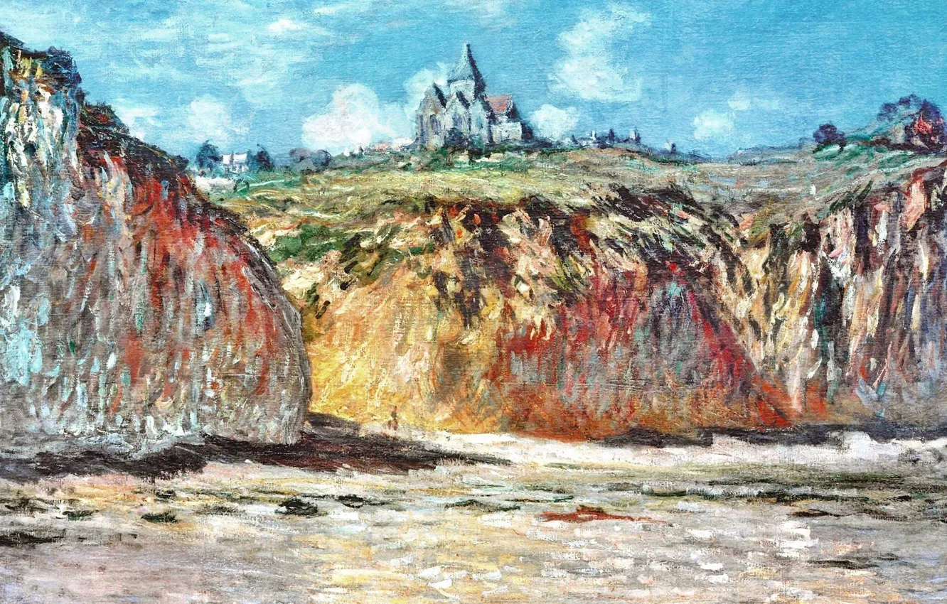 Photo wallpaper landscape, rocks, picture, Claude Monet, The Church in Varengeville