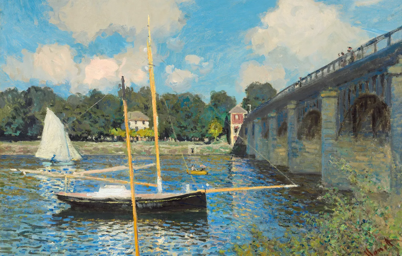Photo wallpaper landscape, boat, picture, sail, Claude Monet, The bridge at Argenteuil