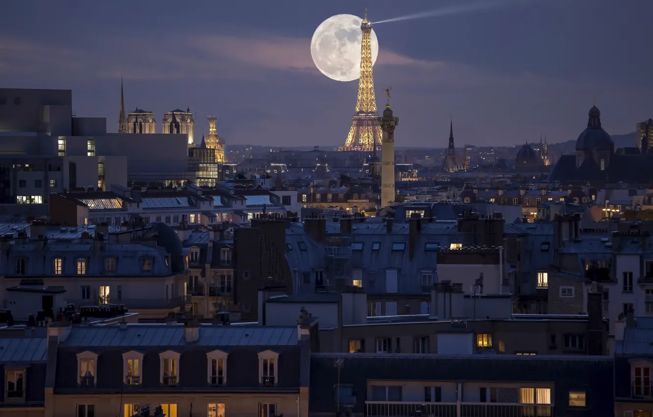 Photo wallpaper night, the city, Paris, Moon Tower