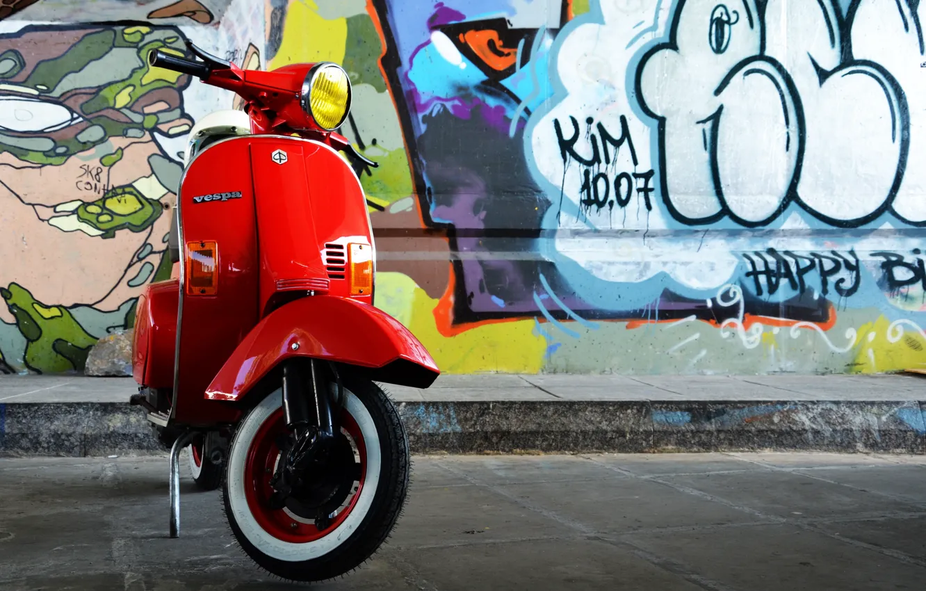 Photo wallpaper red, retro, wall, graffiti, moped, old school