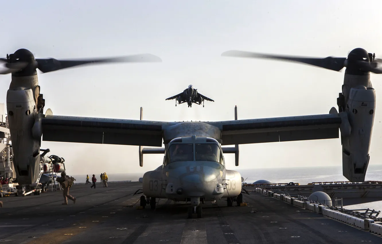 Photo wallpaper fighter, deck, USA, the rise, BBC, Harrier, the tiltrotor, Osprey